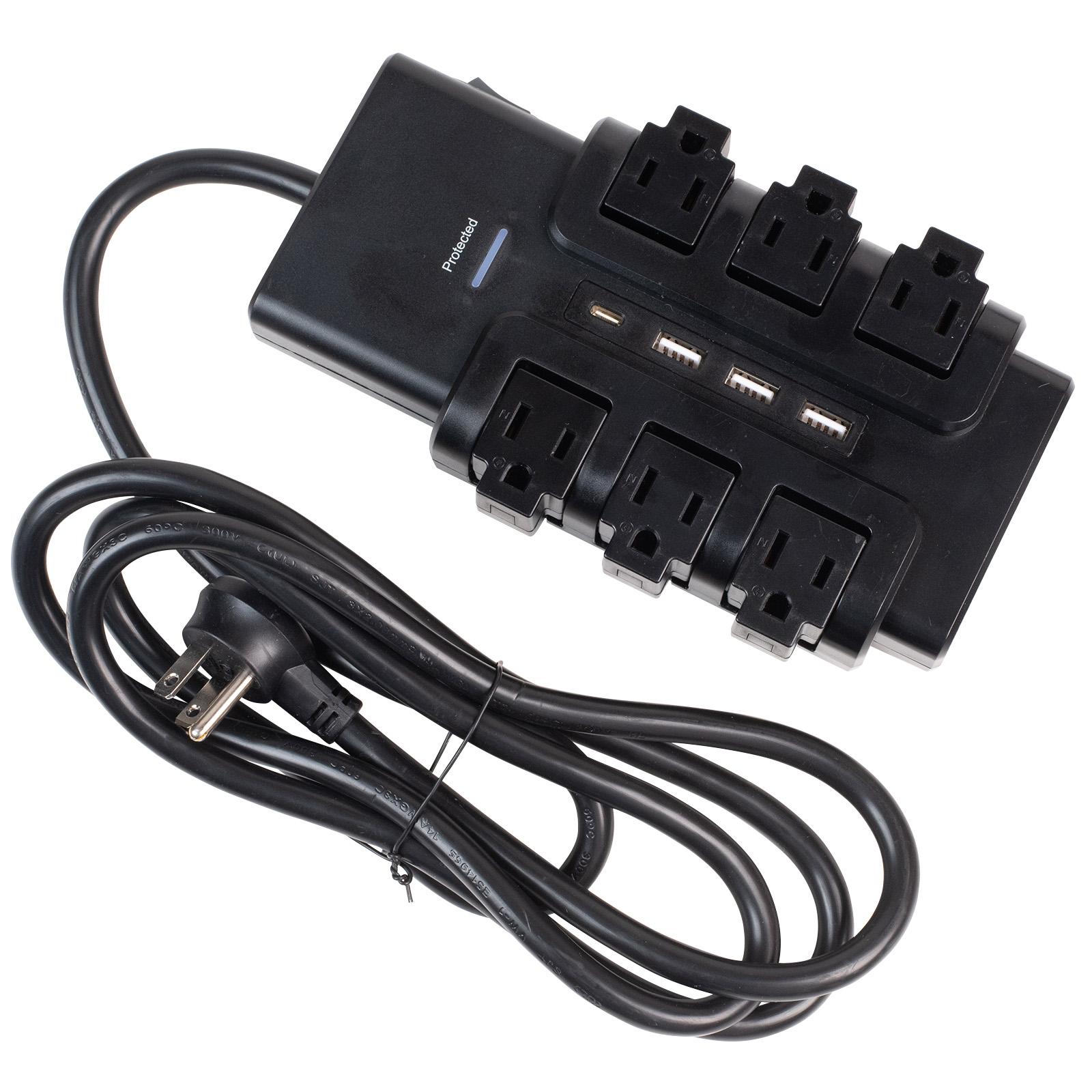 6-Outlets Extender Rotating Power Strip Surge Protector 6 ft Cord and 3 USB-A/1 USB-C PD Ports Black